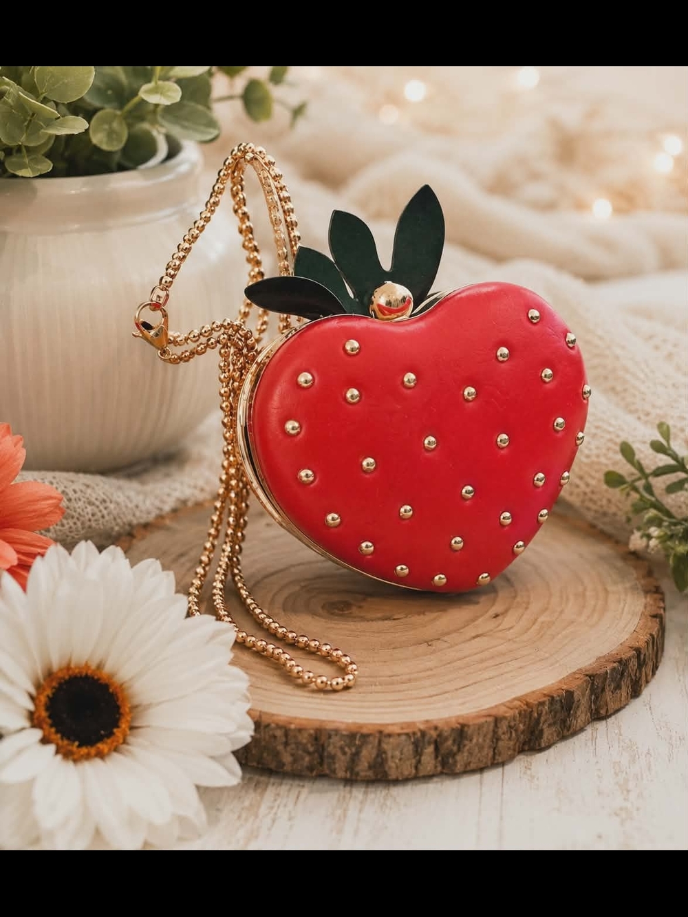 Red Strawberry Crossbody Bag with Gold Stud Accents